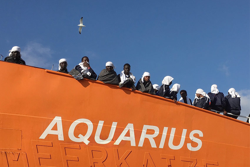 Migrants on the rescue ship Aquarius in the Mediterranean